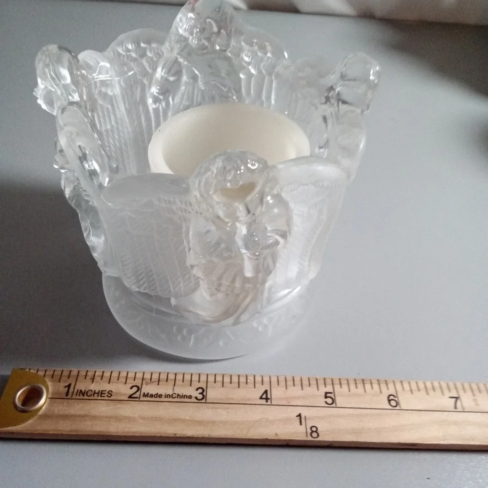 Frosted Glass Musical Angel Votive Candle Holder Cherub Relief 4.5 Inch